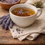 ahşap zemin üzerinde kurutulmuş lavanta çiçekleri ve lavanta çayı