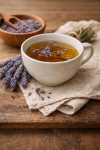 ahşap zemin üzerinde kurutulmuş lavanta çiçekleri ve lavanta çayı
