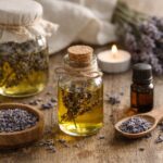 ahşap zemin üzerinde kurutulmuş lavanta çiçekleri ve cam şişede lavanta yağı