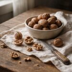 ahşap masa üzerinde kase içinde kabuklu cevizler ve etrafında kırılmış iç cevizler