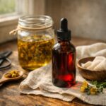 ahşap zemin üzerinde kurutulmuş kantaron çiçekleri ve cam şişede kantaron yağı