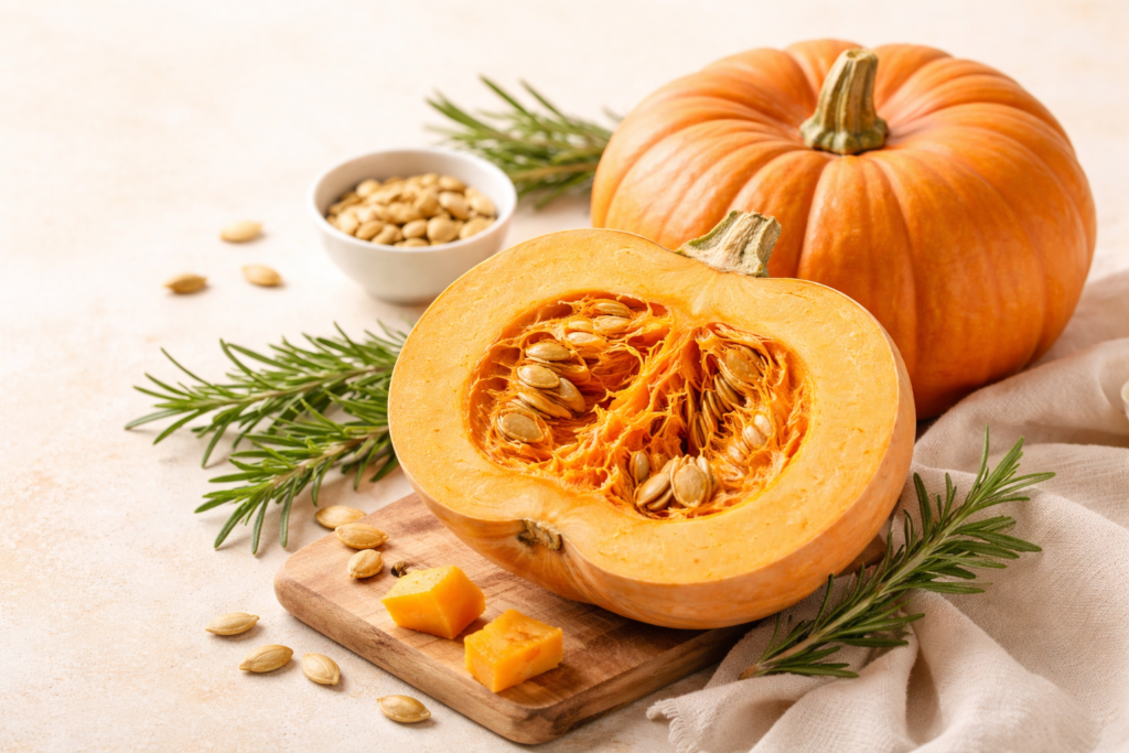 mutfakta doğal ışıkta duran bal kabağı, kesilmeden önceki hâli