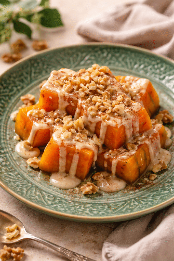 tahin soslu bal kabağı tatlısı, servis tabağında sade sunumuyla