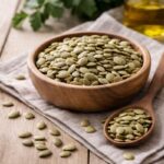 ahşap bir kâse içinde çiğ kabak çekirdekleri; doğal ışık alan sade bir mutfak yüzeyinde, yakın plandan çekilmiş.