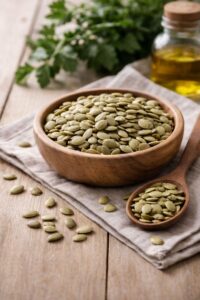 ahşap bir kâse içinde çiğ kabak çekirdekleri; doğal ışık alan sade bir mutfak yüzeyinde, yakın plandan çekilmiş.